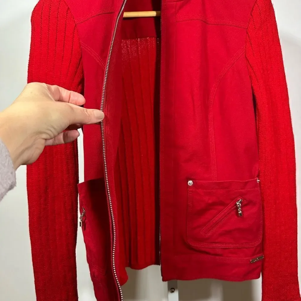 ST. JOHN SPORT Women's Ribbed Cotton Knit Zipper Sweater Jacket Red Size Petite